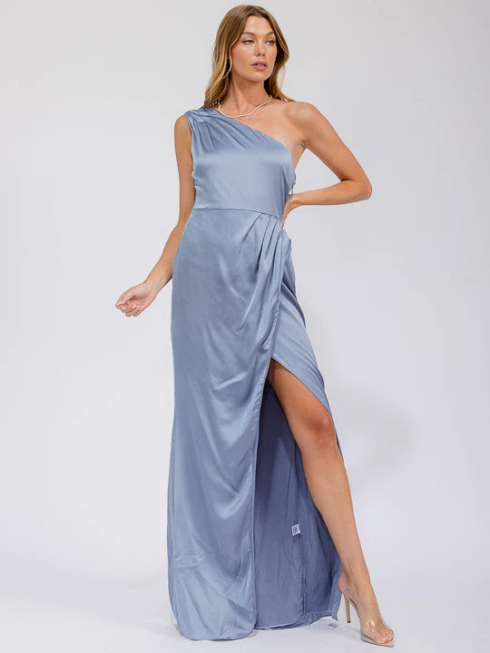 Women's Sleeveless One Shoulder Surplice Front Slit Maxi Gown Dress