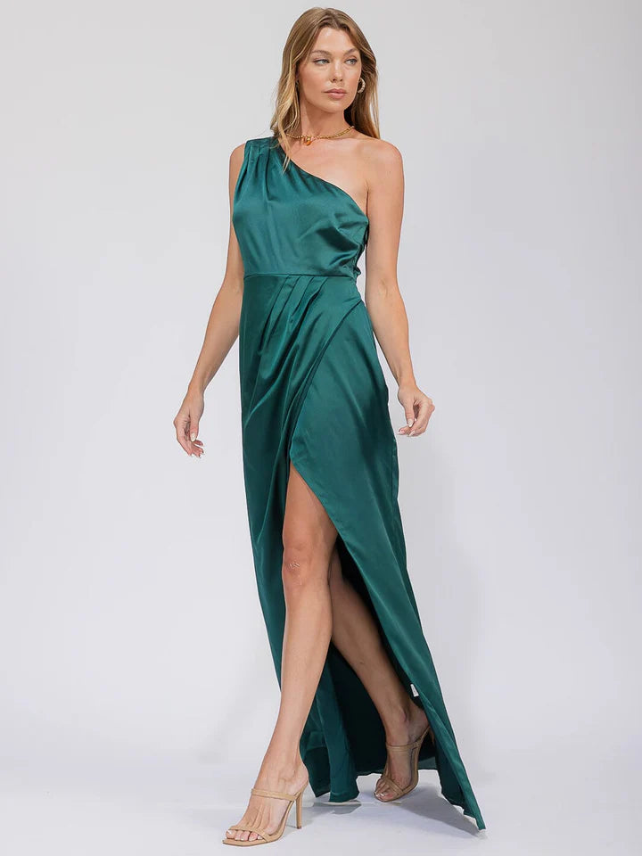 Women's Sleeveless One Shoulder Surplice Front Slit Maxi Gown Dress