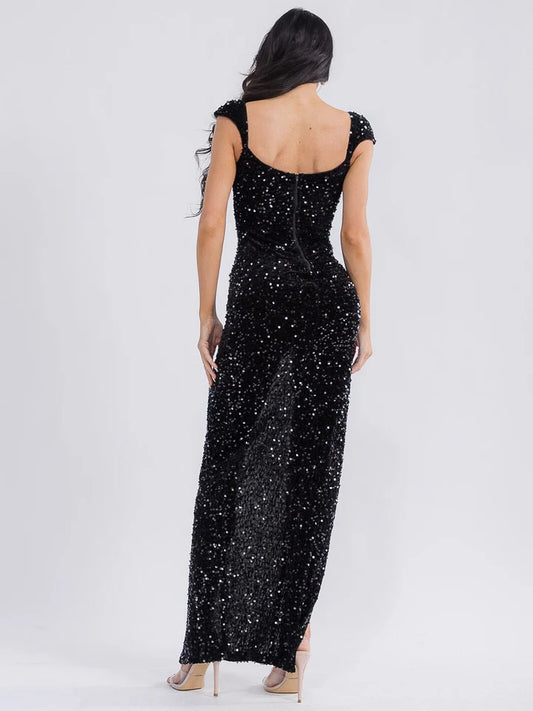 Women's Sleeveless V-neck Side Slit Sequins Bodycon Maxi Dress