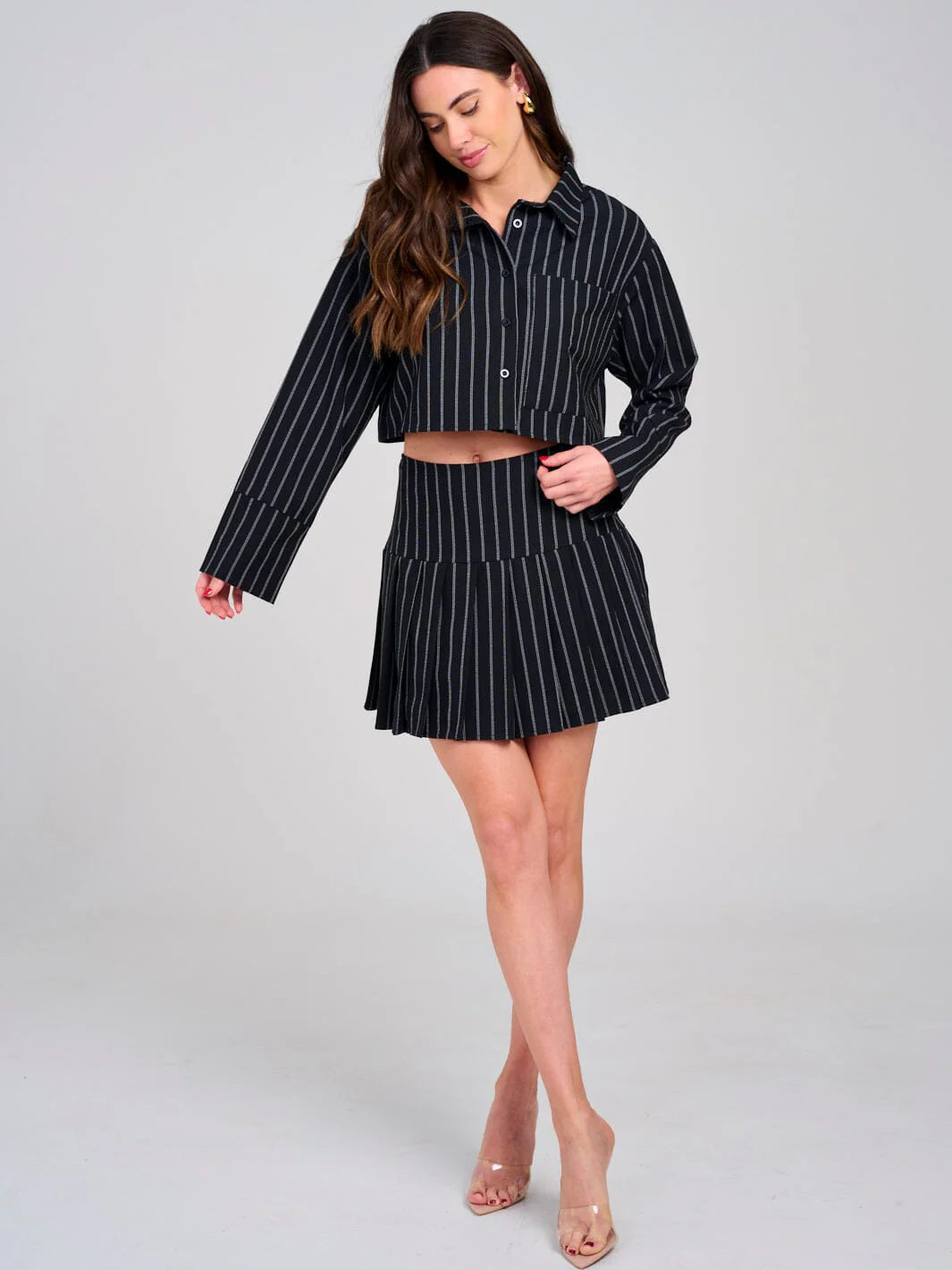 Women's Long Sleeve Top & Zip Up Mini Skirt Stripes 2Pc. Set front view showing full outfit