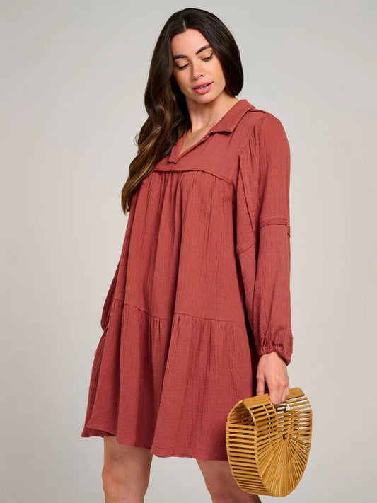 Women's Long Sleeve V-Neck Front Pockets Tiered Midi Dress