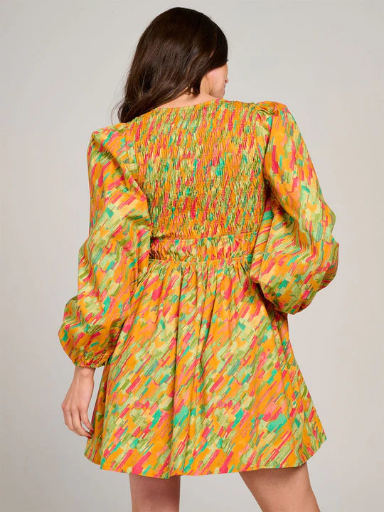 Women's Long Sleeve V-Neck Smock Multi Print Fit & Flare Mini Dress