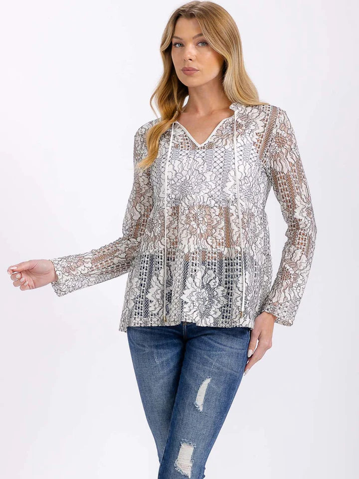 Women's Long Sleeve V-Neck Tiered Floral Blouse