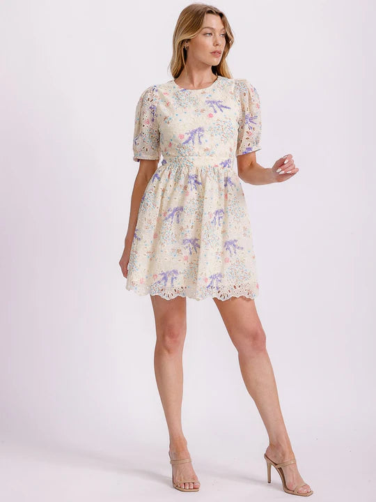 Women's Short Puff Sleeve Cut Out Back Eyelet Floral Mini Dress