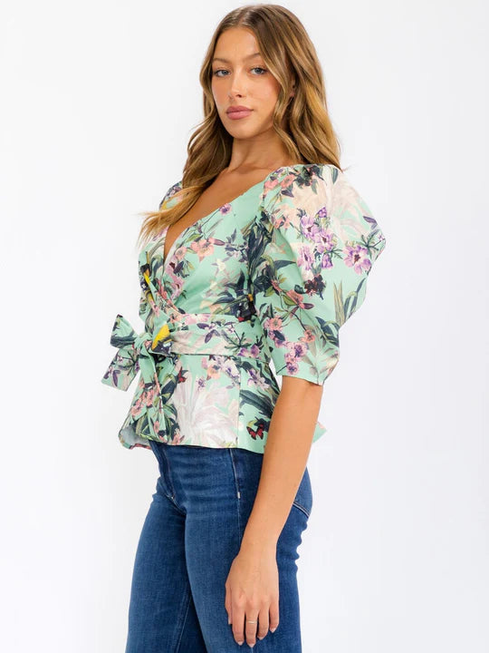 Women's Short Puff Sleeve Wrap Floral Blouse