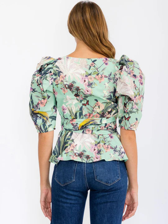 Women's Short Puff Sleeve Wrap Floral Blouse