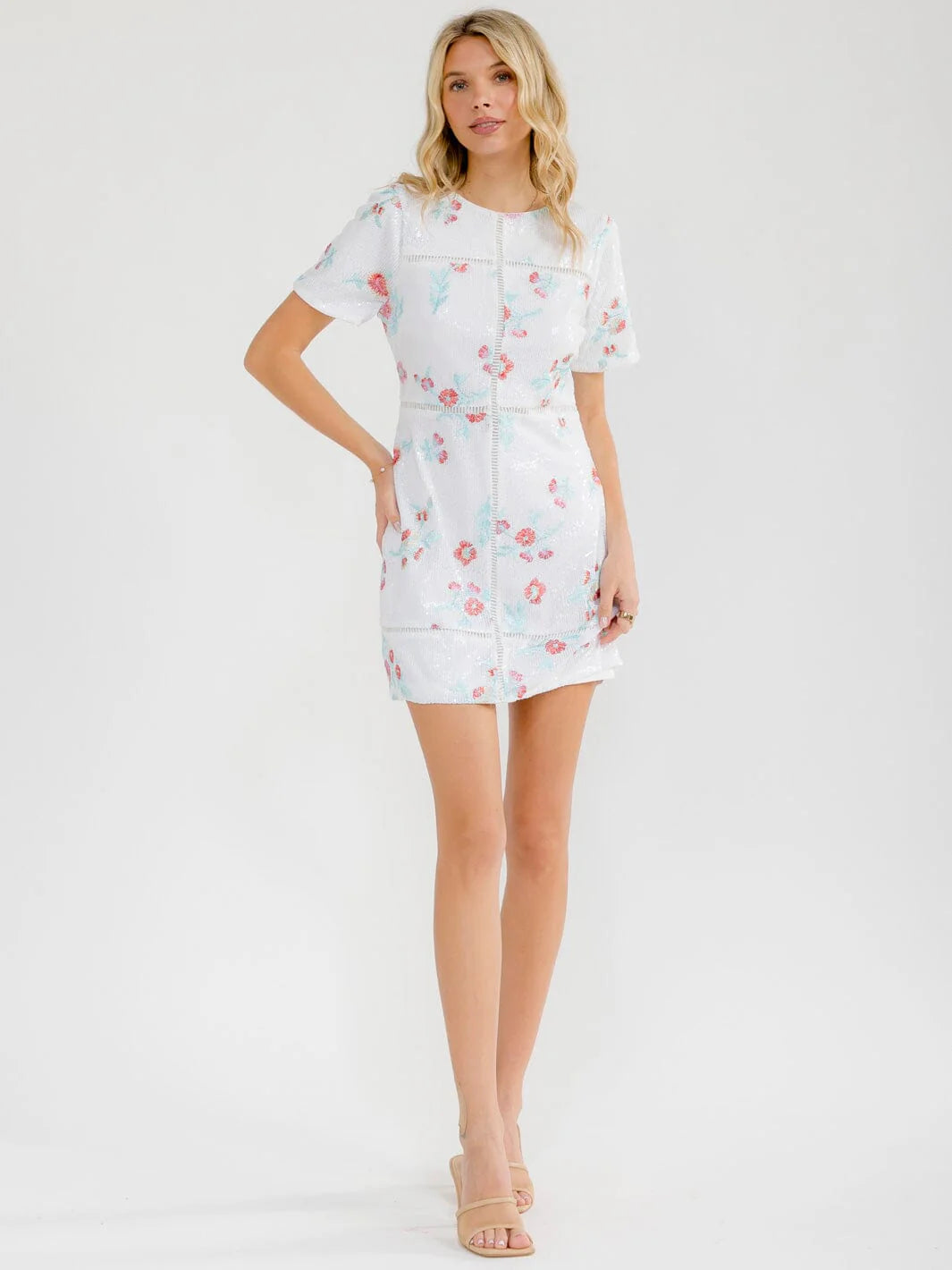 Women's Short Sleeve Bodycon Floral Sequins Mini Dress S