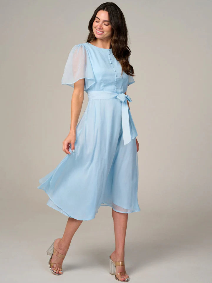 Women’s Short Sleeve Buttons Detailed Self Tie Midi Dress
