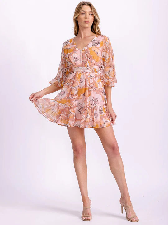 Women's Short Sleeve Smock Waist Floral Mini Dress