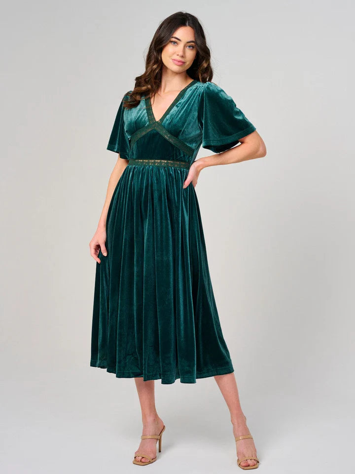 Women's Short Sleeve V-Neck Lace Velvet Maxi Dress