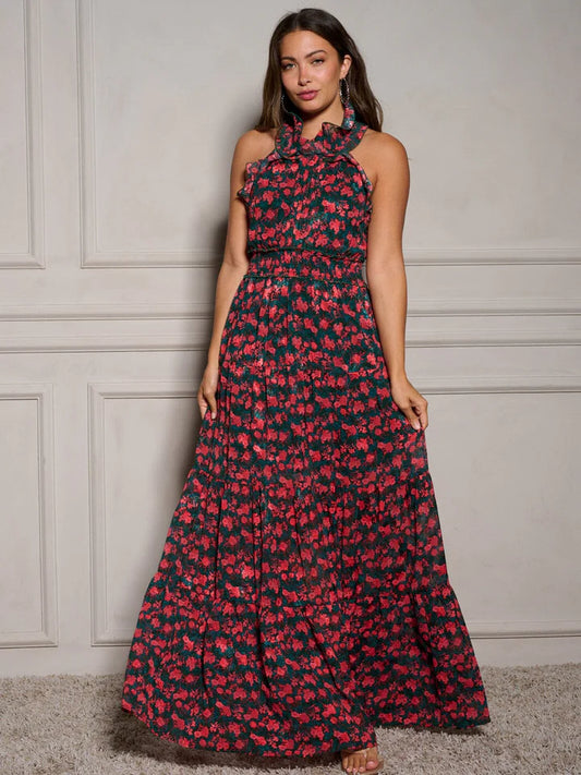 Women's Sleeveless Halter Neck Smock Floral Maxi Dress