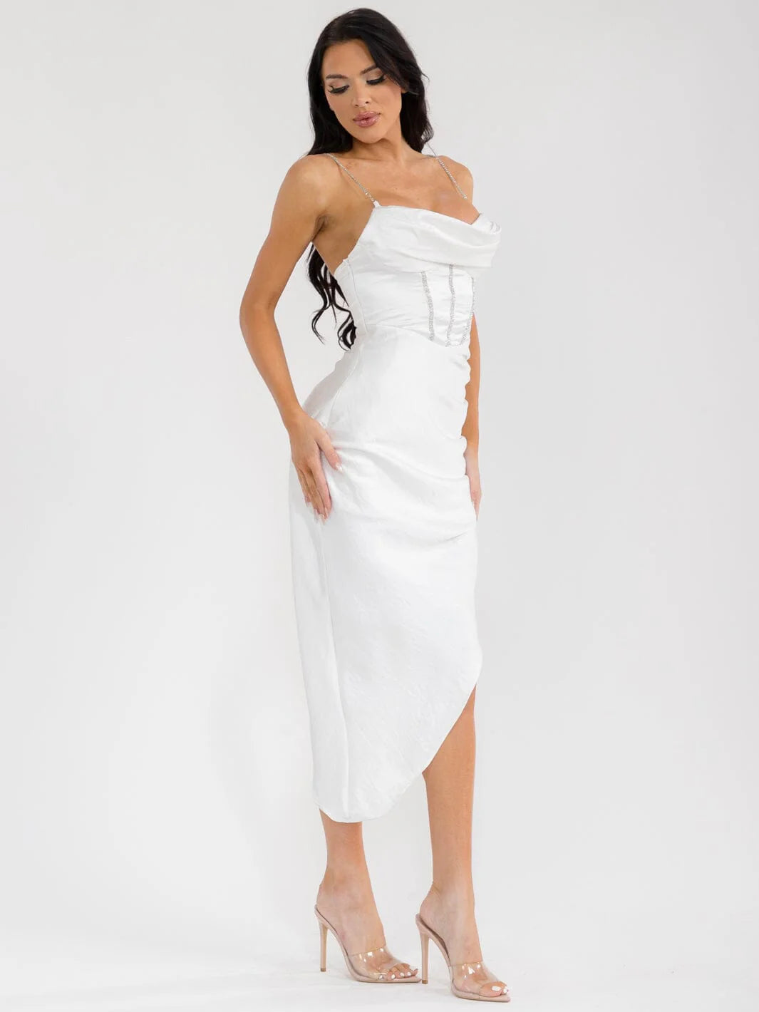 WOMEN'S SLEEVELESS HIGH-LOW SIDE SLIT STUDS DETAILED BODYCON MIDI DRESS