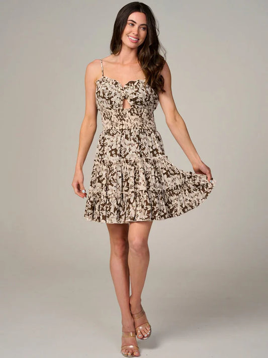 Women's Sleeveless Smock Waist Cut Out Floral Mini Dress