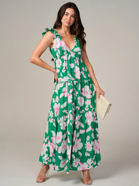 Women's Sleeveless V-Neck Back Tie Floral Maxi Dress