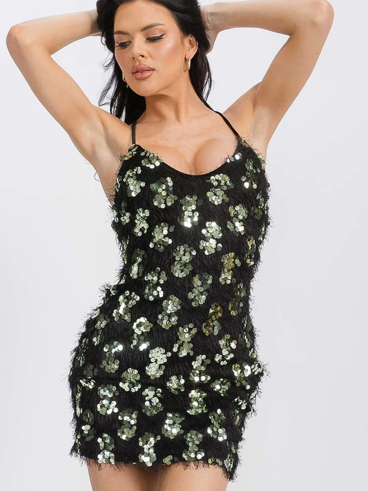 Women's Sleeveless V-Neck Open Back Sequins Bodycon Mini Dress