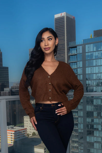 Warm &amp; Cozy" V-Neck Button Down Knit Solid Crop Sweater