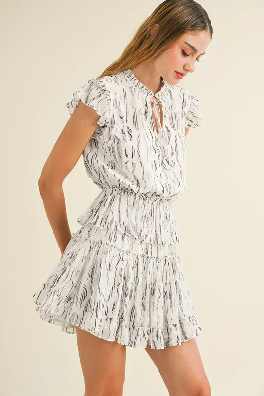 White Abstract Print Ruffle Flutter Sleeves