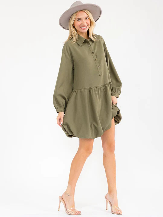 Womens Long Sleeve Button Up Loose Fit Mini Dress