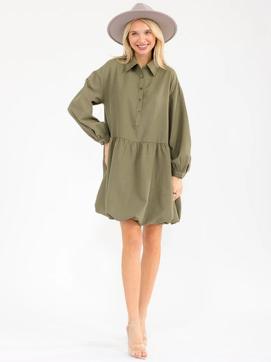 Womens Long Sleeve Button Up Loose Fit Mini Dress