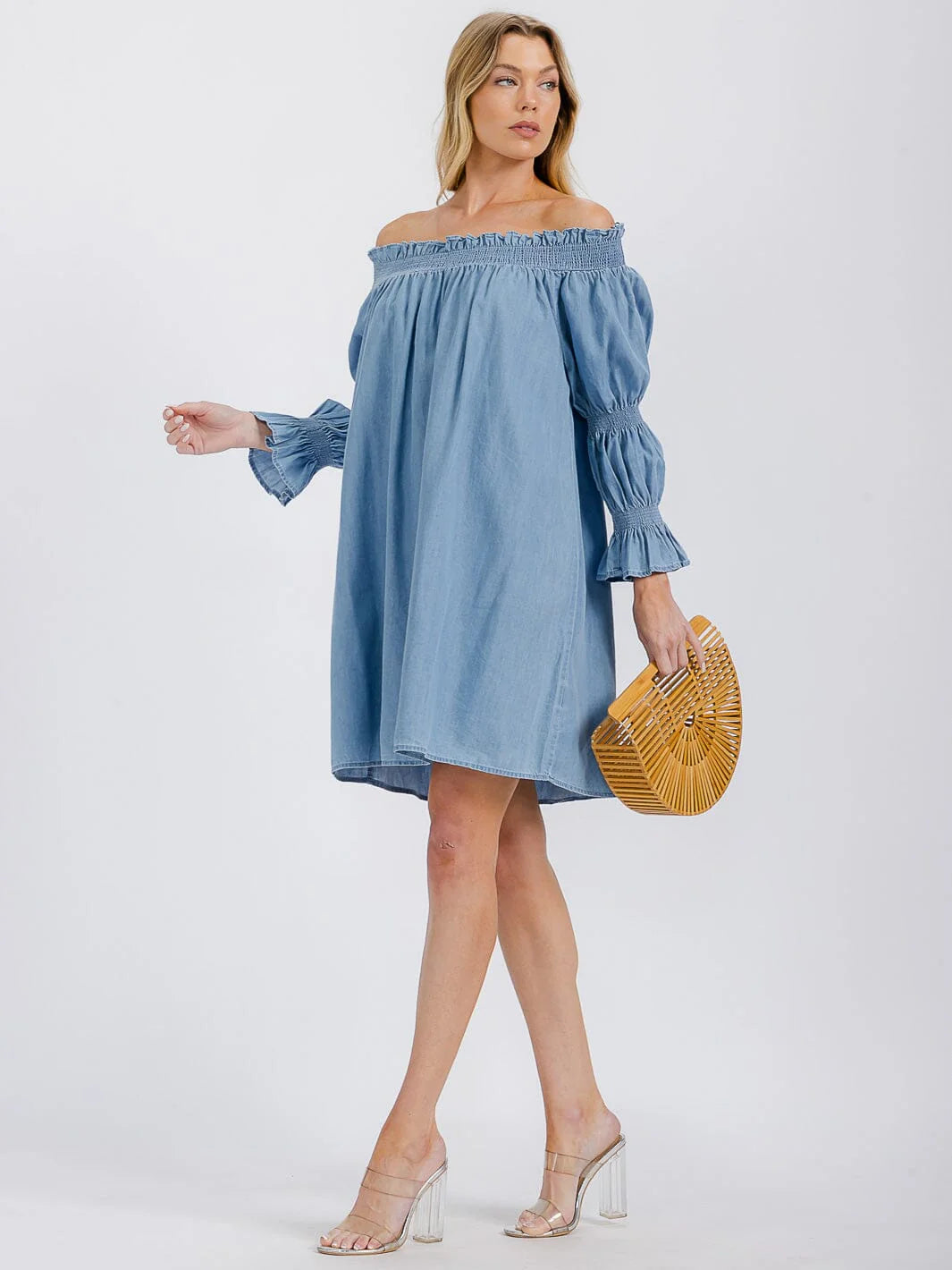 Women’s Long Sleeve Off Shoulder Tunic Chambray Mini Dress