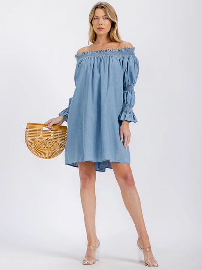Women’s Long Sleeve Off Shoulder Tunic Chambray Mini Dress