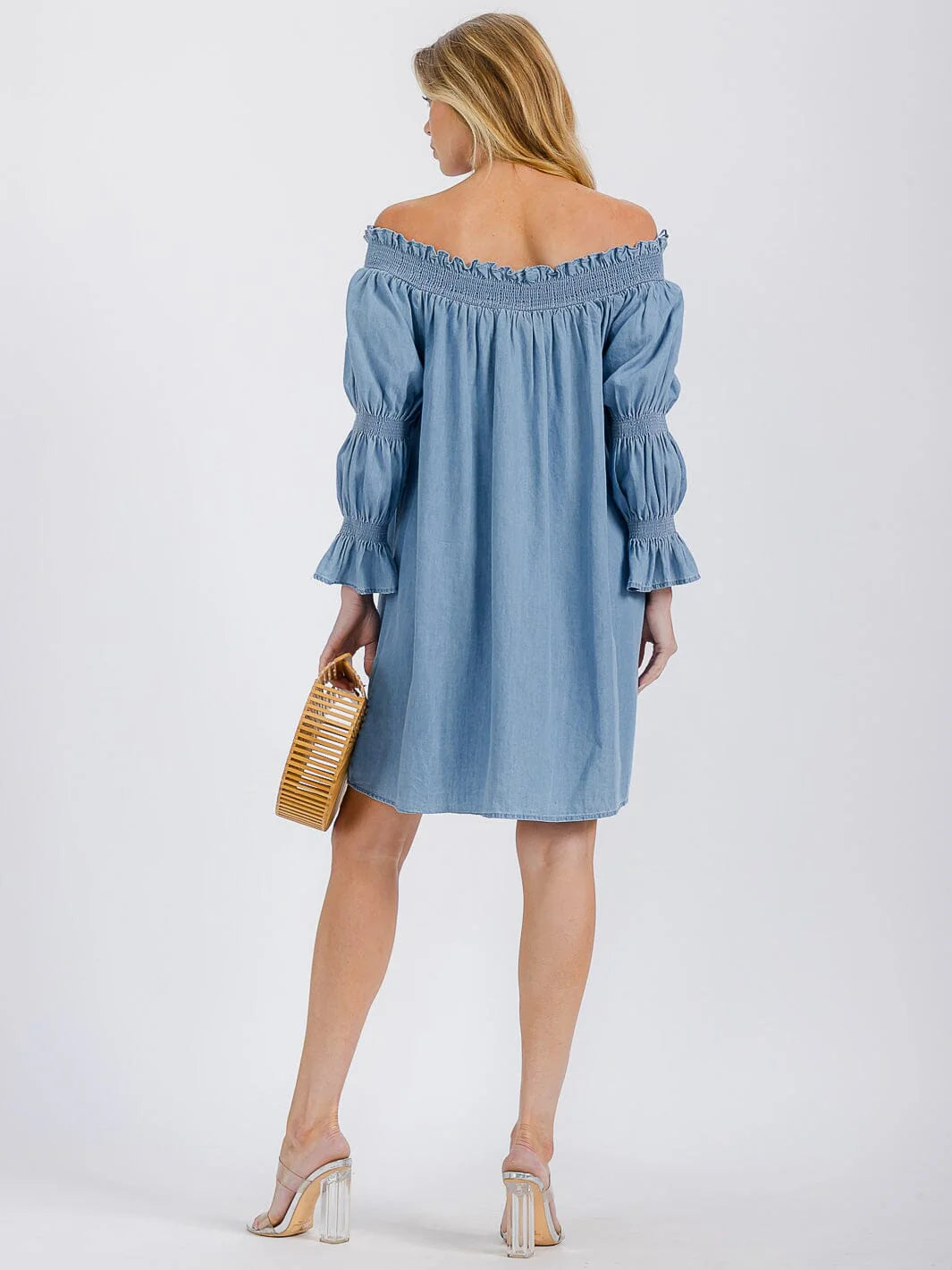 Women’s Long Sleeve Off Shoulder Tunic Chambray Mini Dress