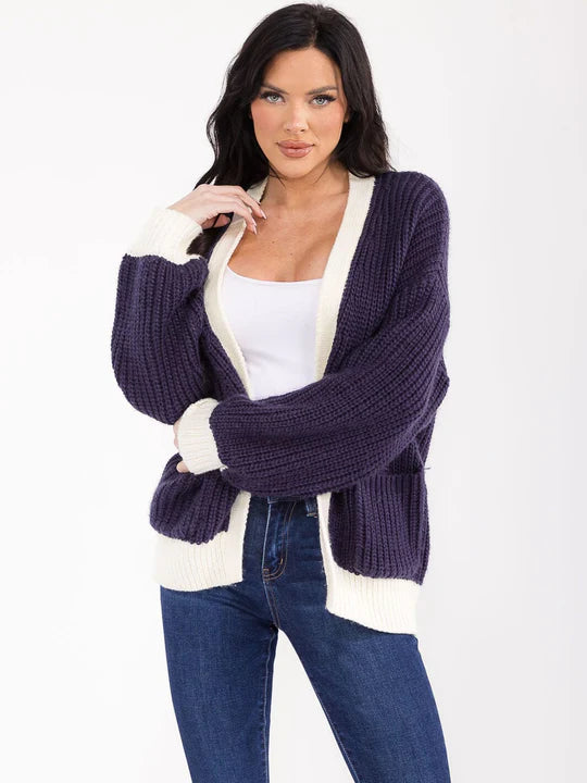 Womens Long Sleeve Open Front Colorblock Knit Cardigan