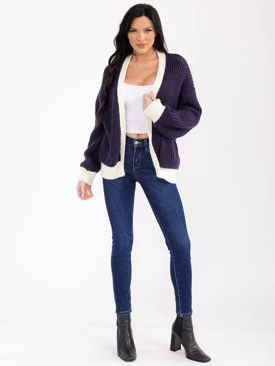 Womens Long Sleeve Open Front Colorblock Knit Cardigan