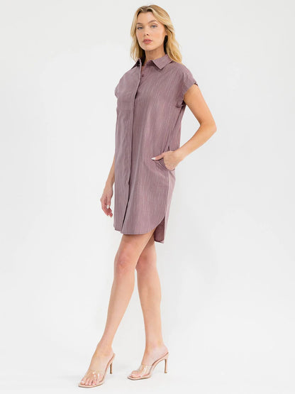 Women’s Short Sleeve Button Up Striped Tunic Mini Dress