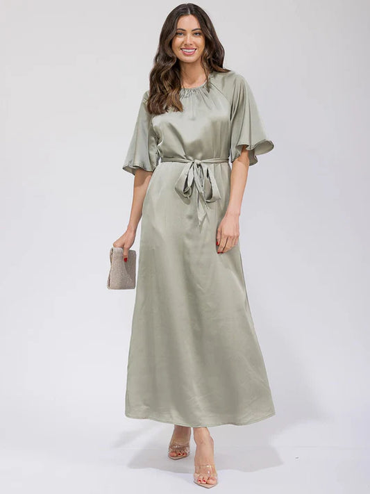 Women's Short Sleeve Pockets Self Tie Satin Maxi Dress