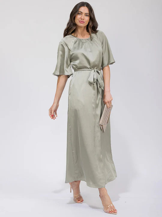 Women's Short Sleeve Pockets Self Tie Satin Maxi Dress