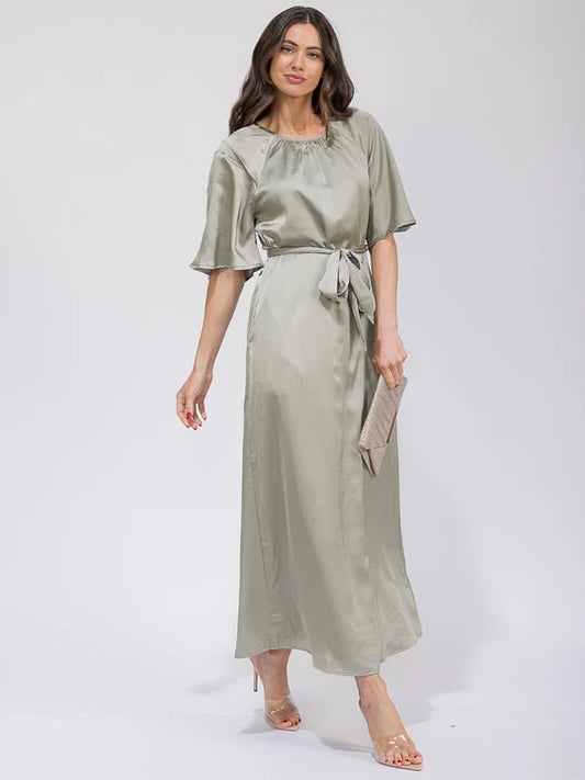 Women's Short Sleeve Pockets Self Tie Satin Maxi Dress