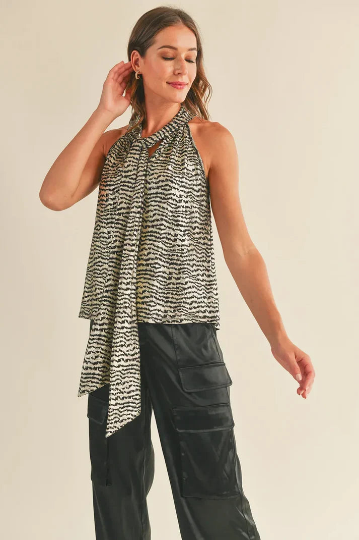 Zebra Print Tie Neck Halter Racerback Tank Boho Ziggy Top