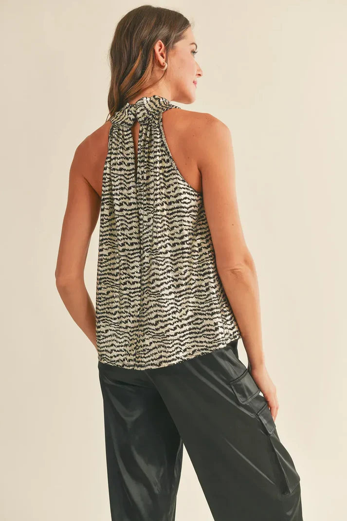 Zebra Print Tie Neck Halter Racerback Tank Boho Ziggy Top