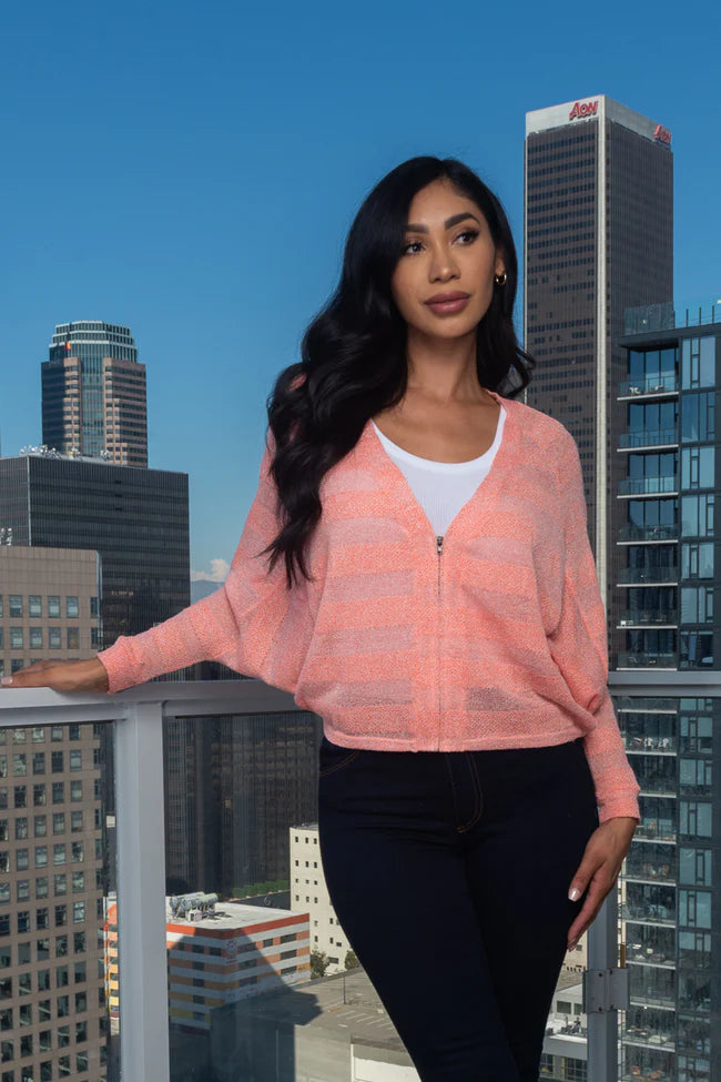 Zip Front 3/4 Sleeve Light Knit Dolman V-Neck Top