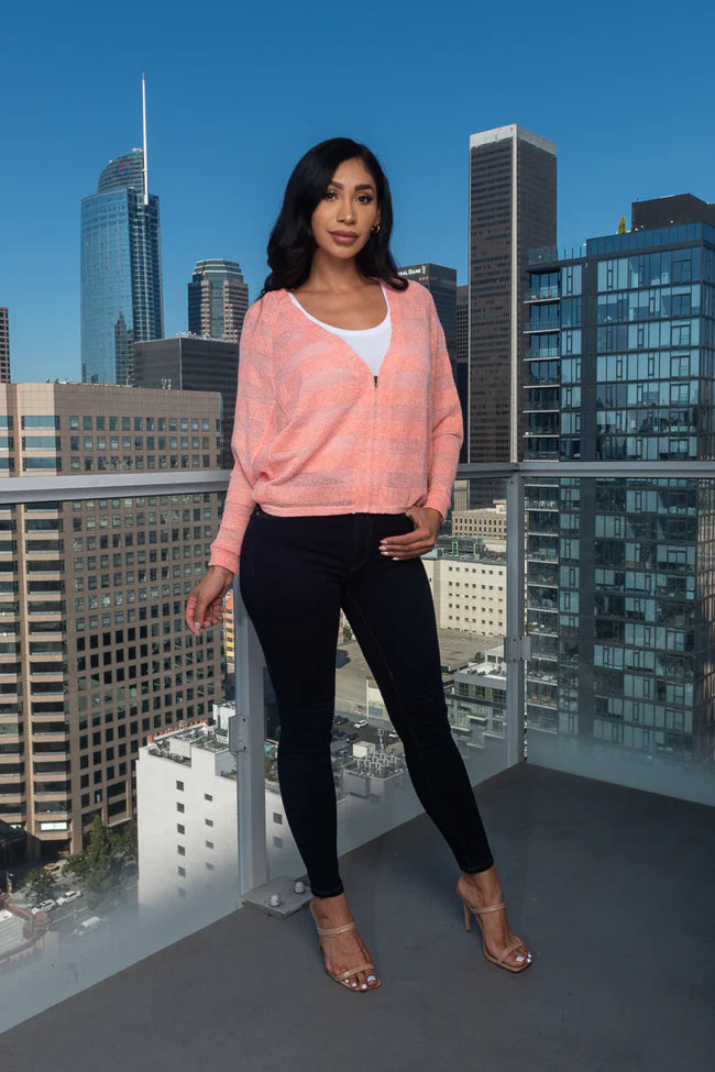 Zip Front 3/4 Sleeve Light Knit Dolman V-Neck Top