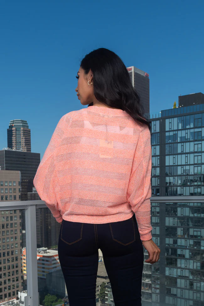 Zip Front 3/4 Sleeve Light Knit Dolman V-Neck Top