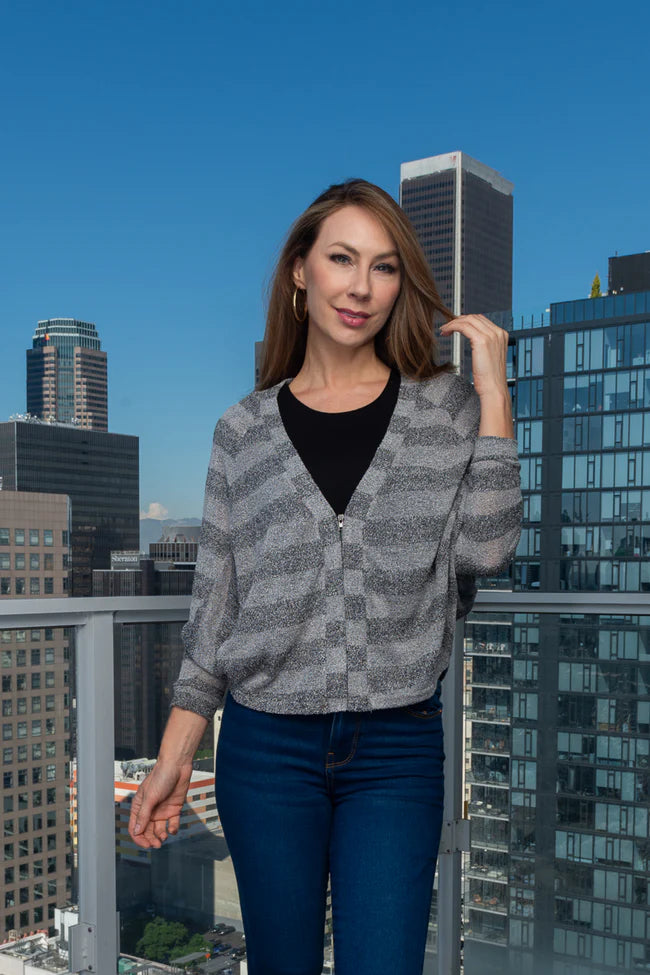 Zip Front 3/4 Sleeve Light Knit Dolman V-Neck Top