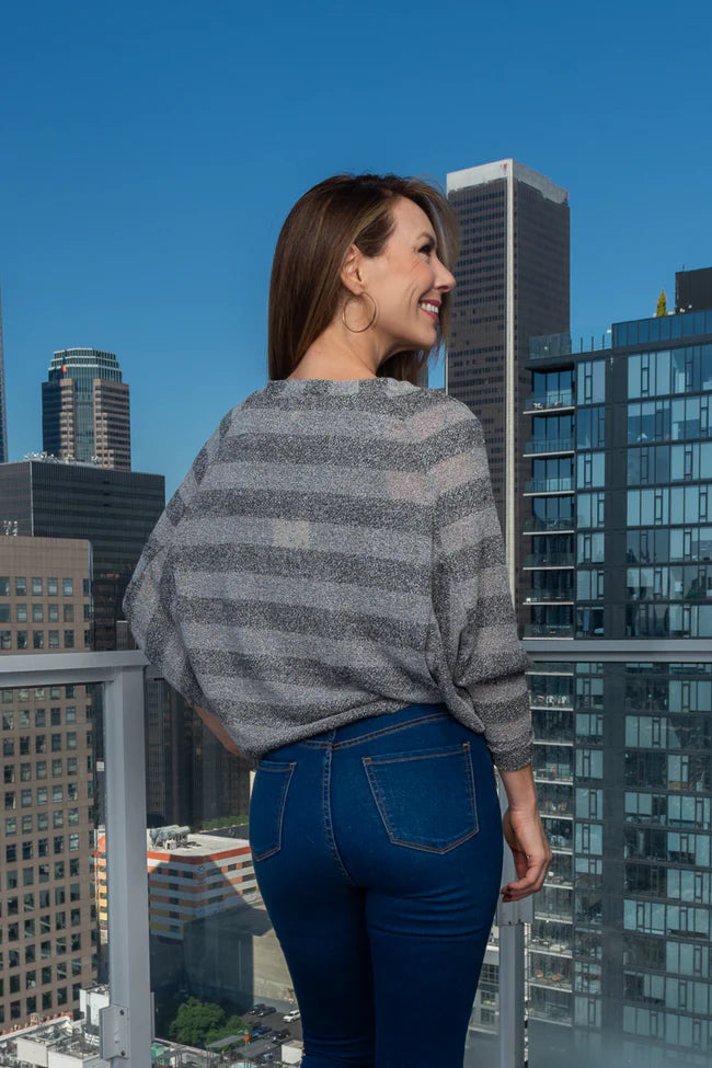 Zip Front 3/4 Sleeve Light Knit Dolman V-Neck Top