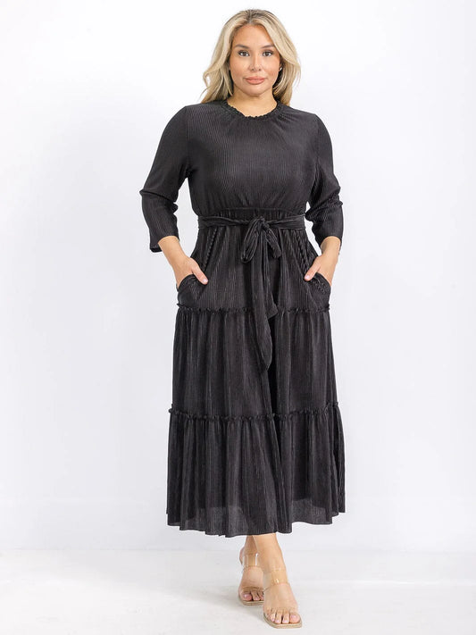 Plus Size Long Sleeve Front Pockets Self Tie Elastic Waist Maxi Dress