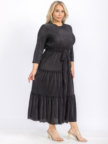Plus Size Long Sleeve Front Pockets Self Tie Elastic Waist Maxi Dress