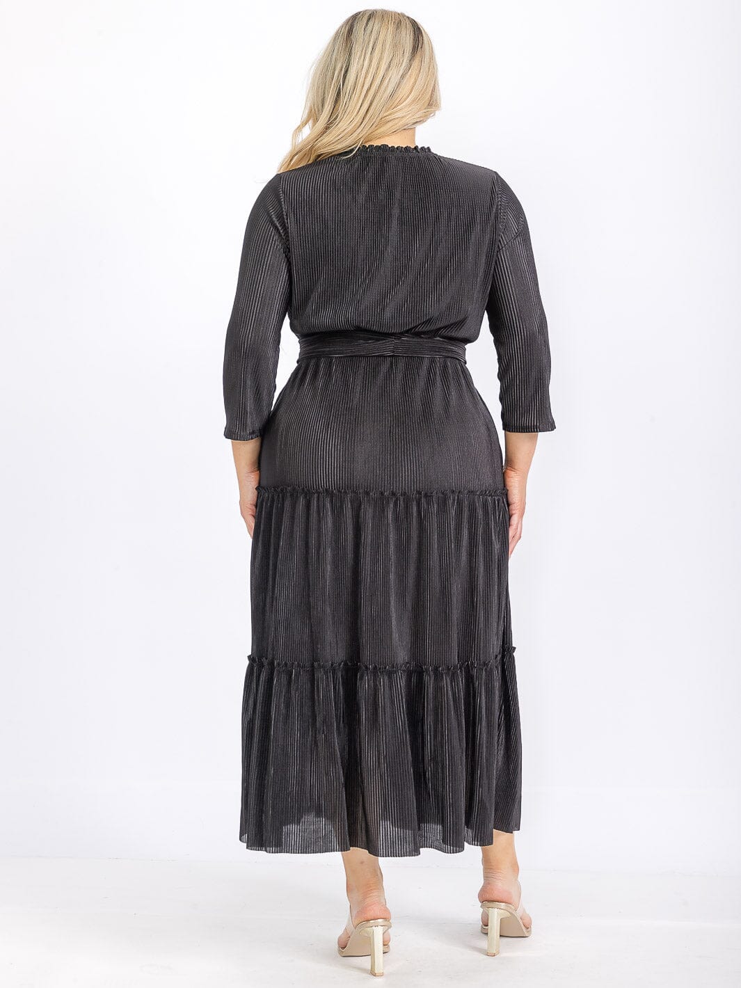 Plus Size Long Sleeve Front Pockets Self Tie Elastic Waist Maxi Dress