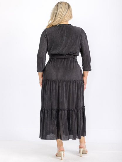 Plus Size Long Sleeve Front Pockets Self Tie Elastic Waist Maxi Dress